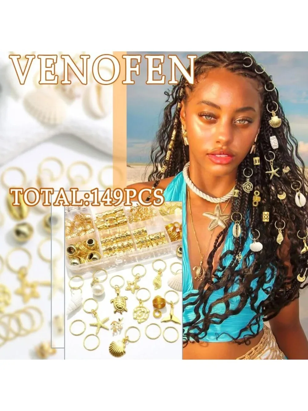 149Pcs Gold Shell Hair Jewelry Loc Cuffs & Rings for Boho Hairstyles